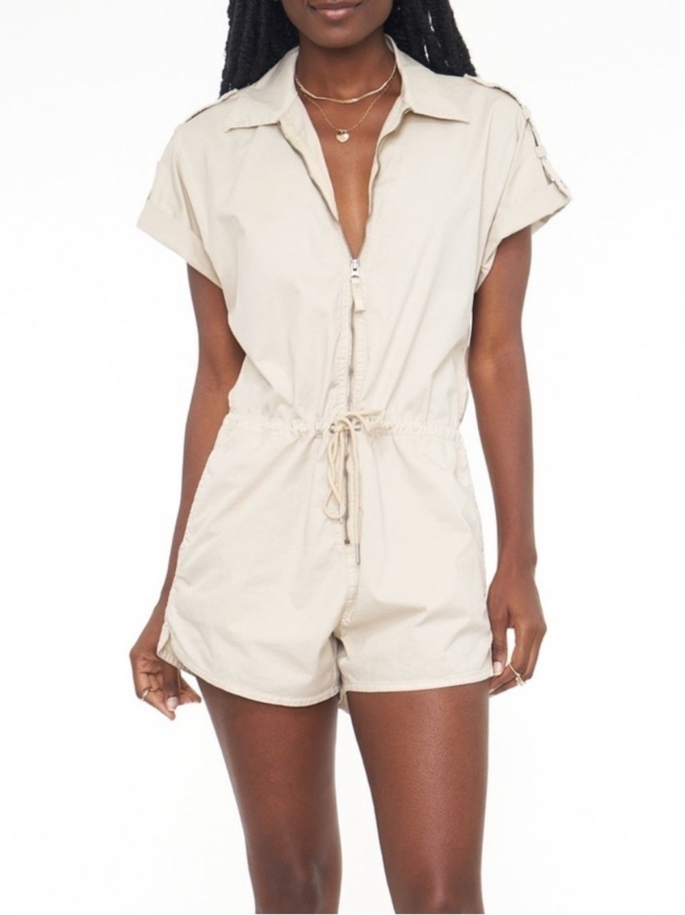 pistola Beige Utility Drawstring Shorts Romper